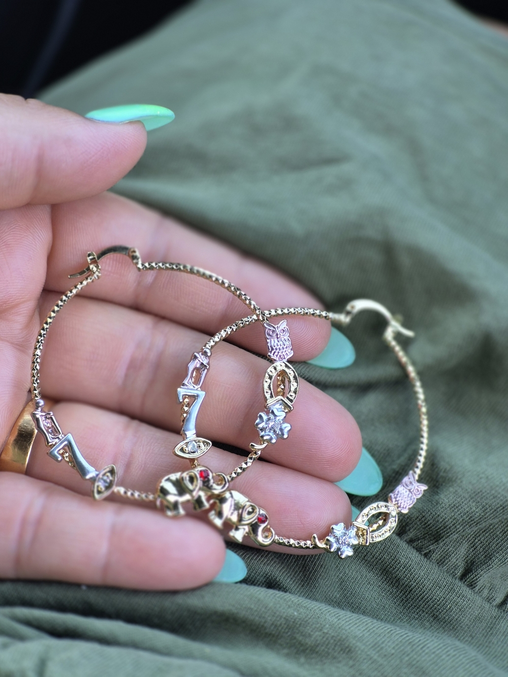 Gold-Tone Hoop Earrings with Multicolor Charms Elegant Women Jewerly